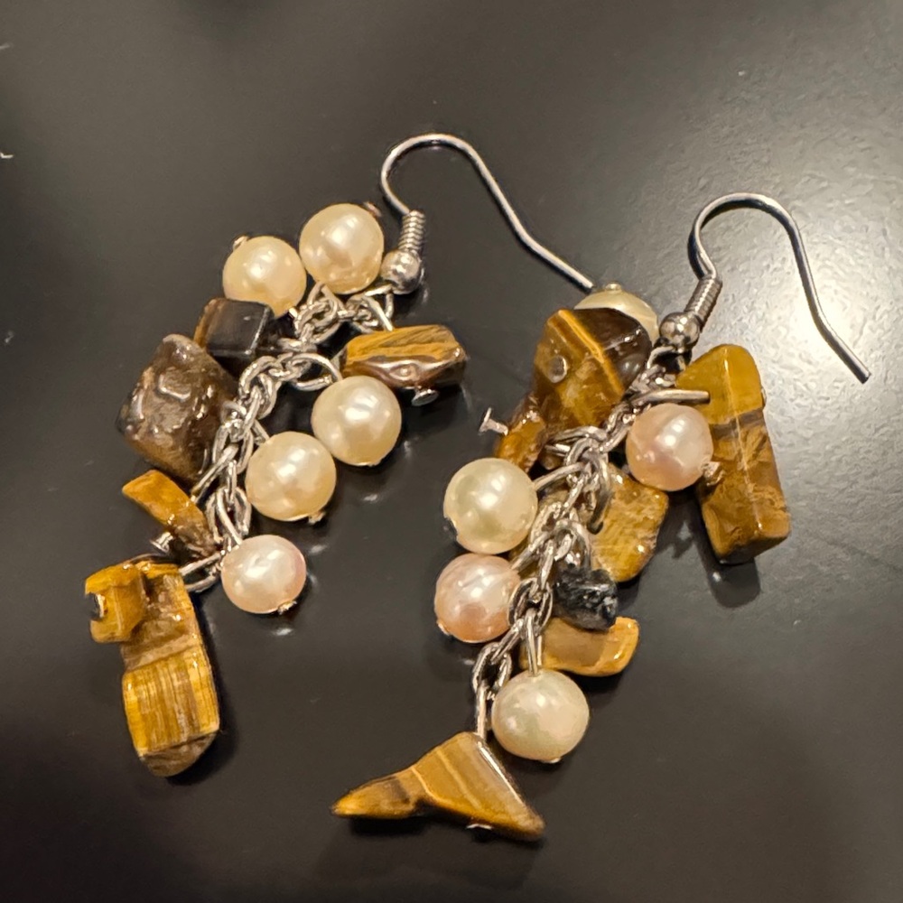 Elegant Pearl and Tiger Eye Dangle Earrings